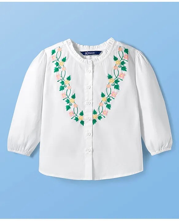 Pine Kids Cotton Woven Full Sleeves Front Open Top with Floral Embroidery - White